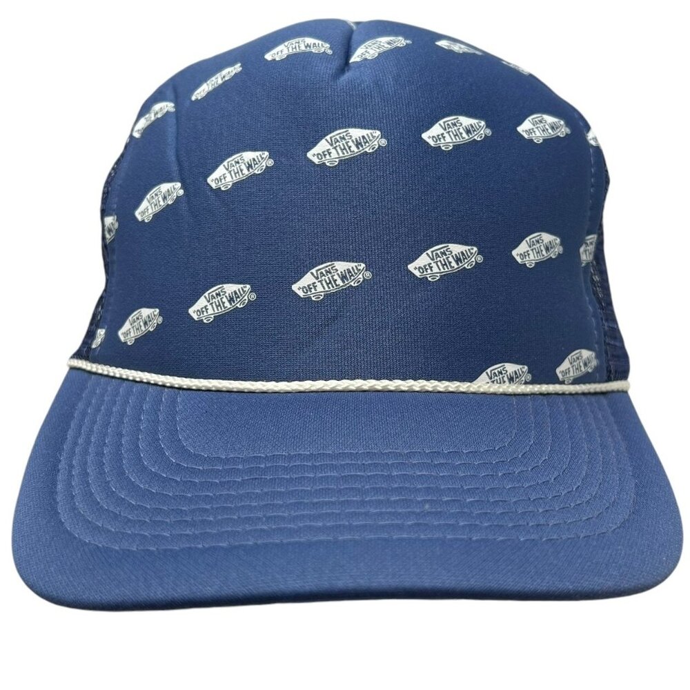Vans Off The Wall Trucker Hat Snapback Mesh Rope All Over Logo Print Y2K Blue